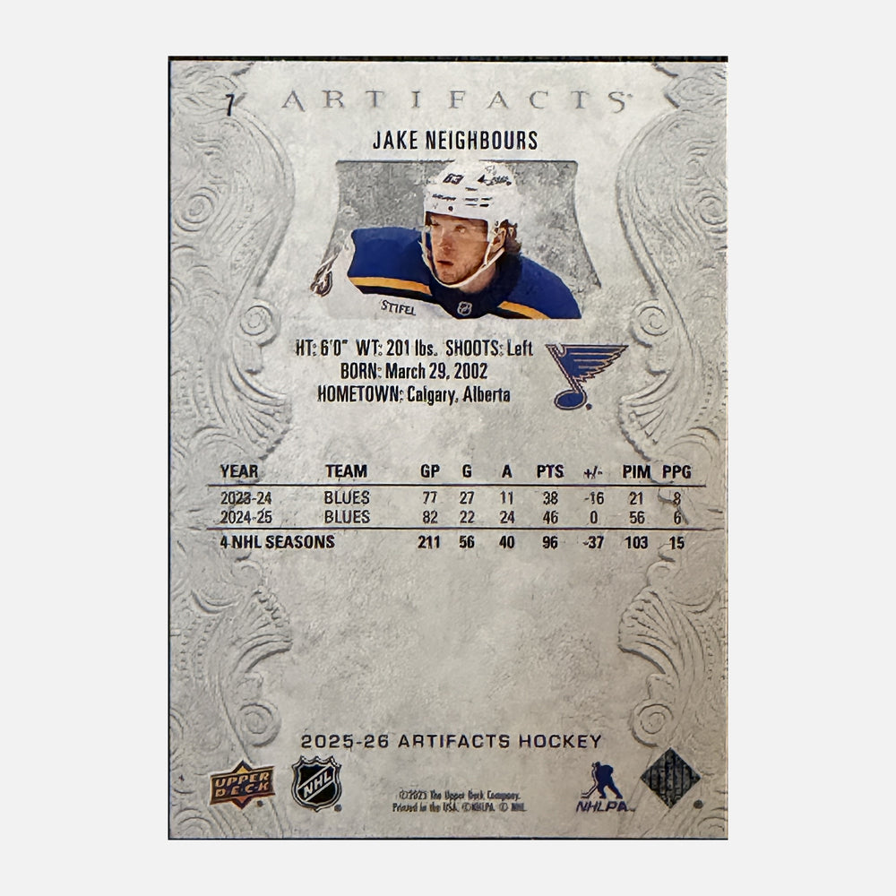 Back of 2025-26 Artifacts Jake Neighbours #7