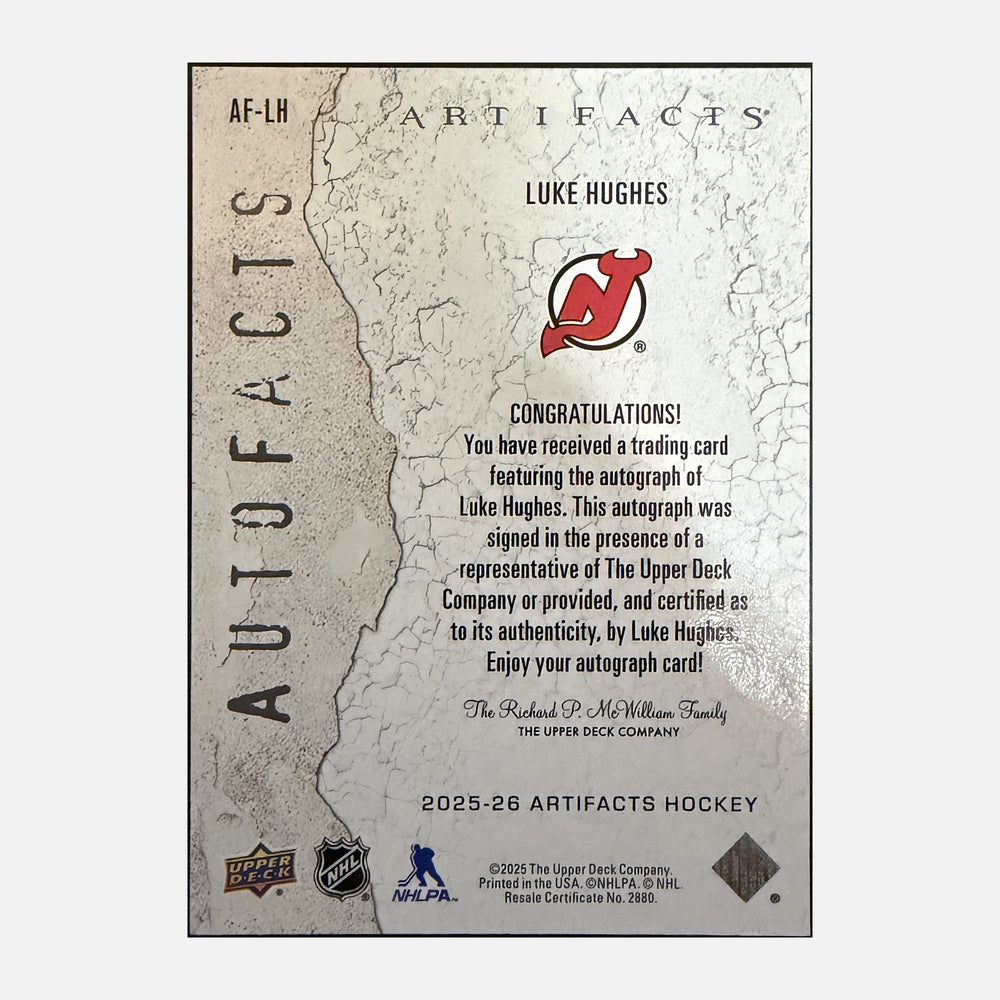 Back of 2025-26 Artifacts Luke Hughes #AF-LH Autofacts Auto