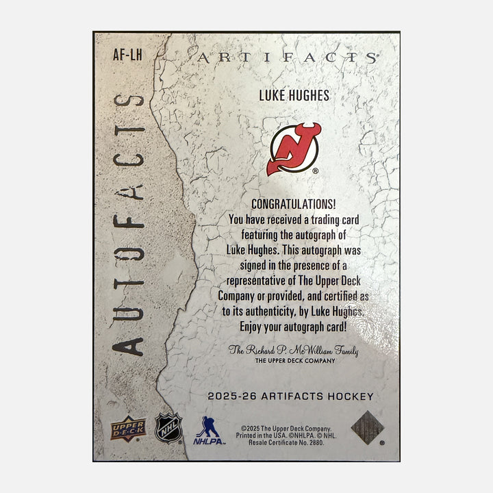 Back of 2025-26 Artifacts Luke Hughes 