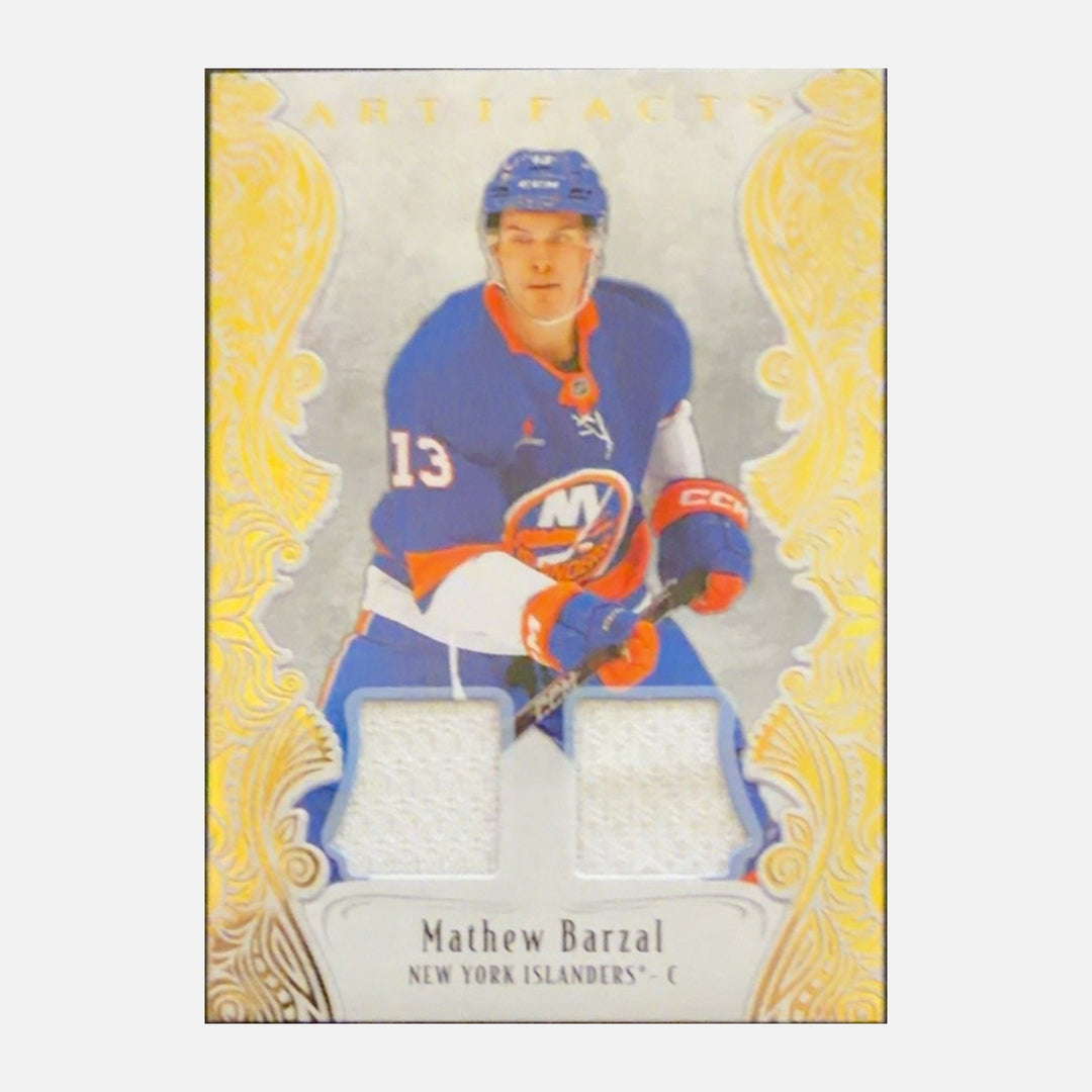 Front of 2025-26 Artifacts Mathew Barzal #127 Gold Material Dual Jersey /199 - New York Islanders