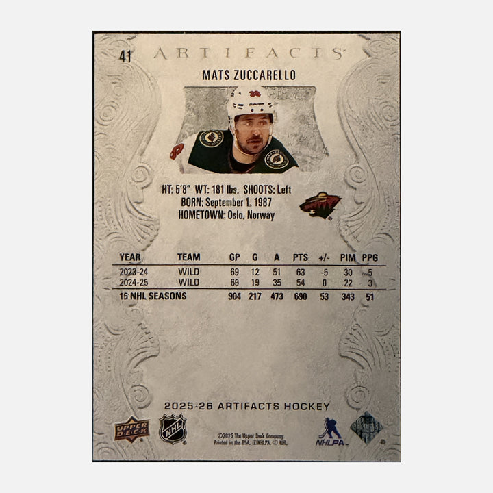 Back of 2025-26 Artifacts Mats Zuccarello 