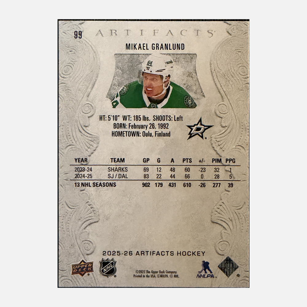Back of 2025-26 Artifacts Mikael Granlund #99
