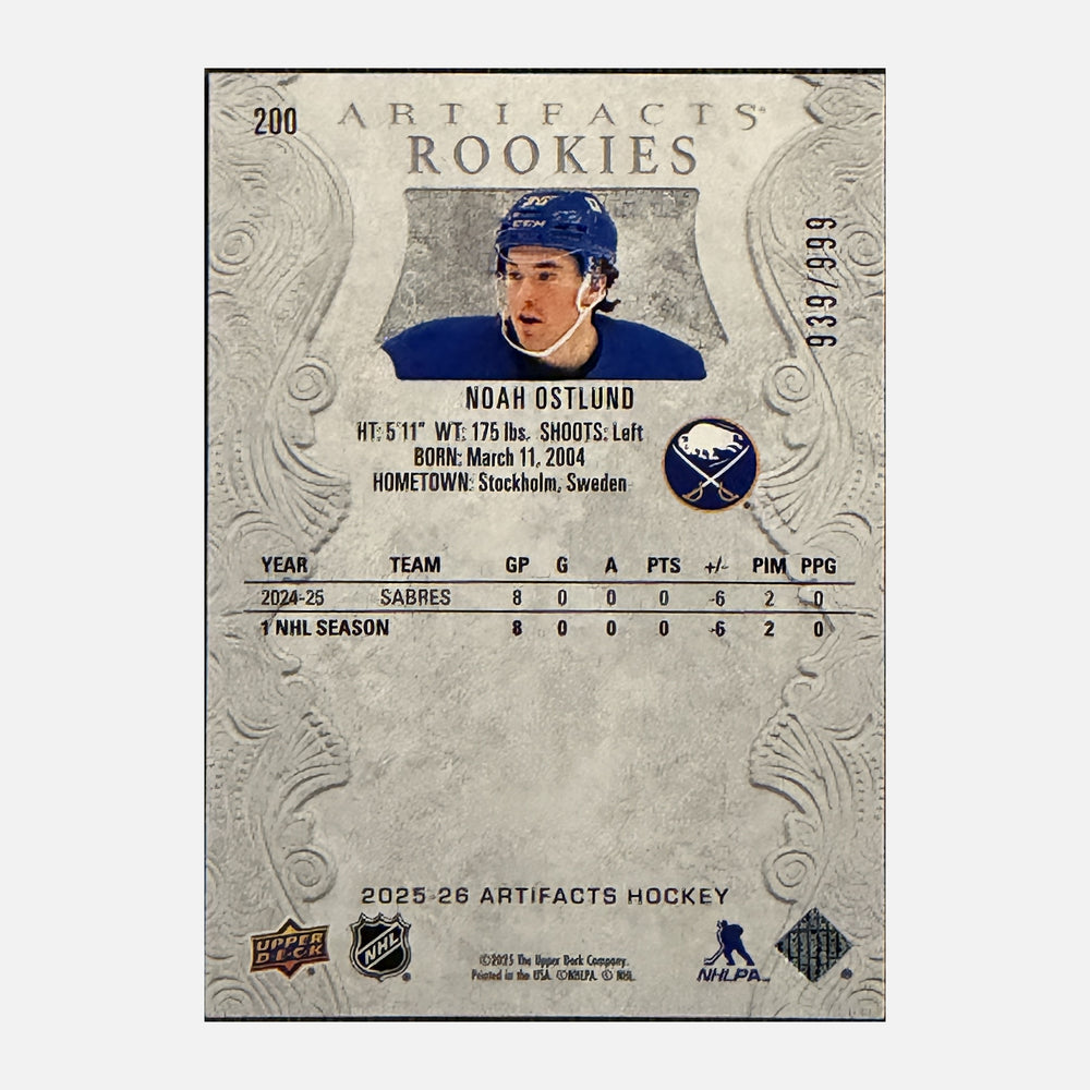 Back of 2025-26 Artifacts Noah Ostlund #200 RC /999, serial 939/999
