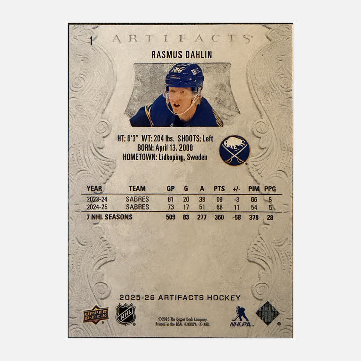 Back of 2025-26 Artifacts Rasmus Dahlin 