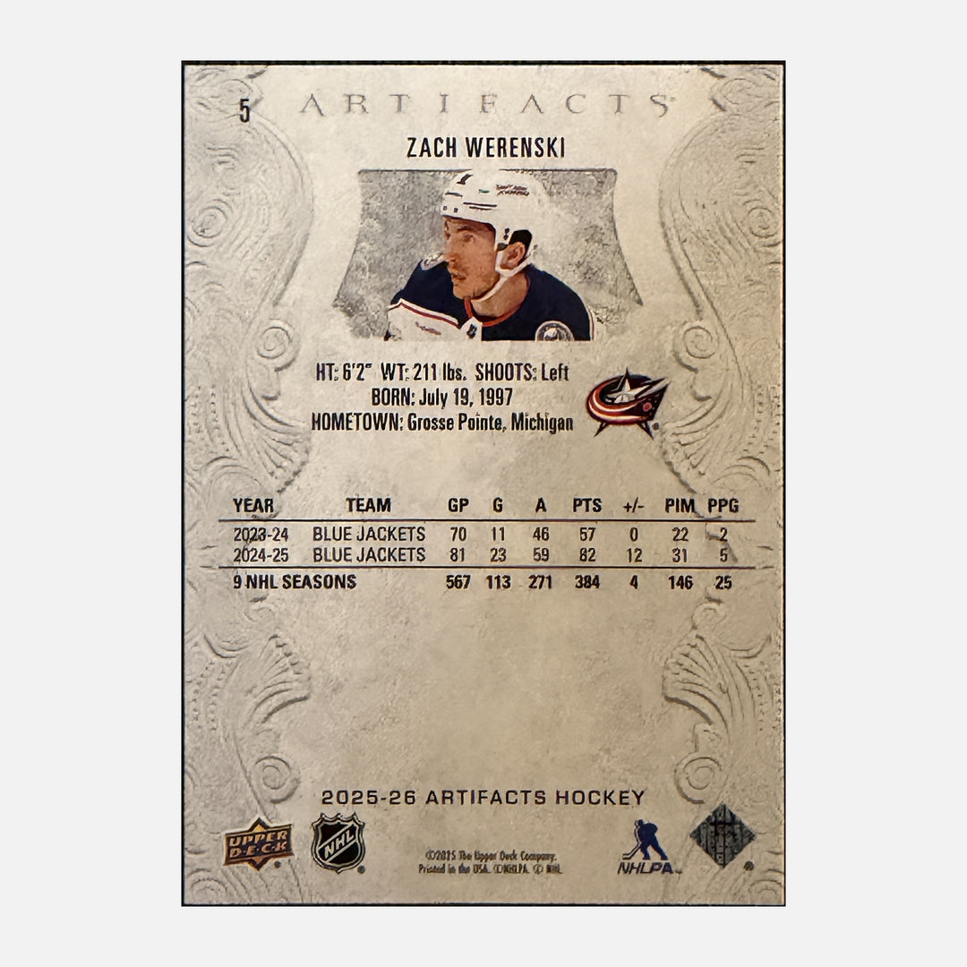 Back of 2025-26 Artifacts Zach Werenski 