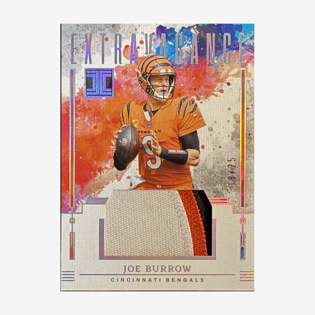 2025 Panini Impeccable Joe Burrow Extravagance Patches #EP-JBW /25 — front showing relic and patch detail