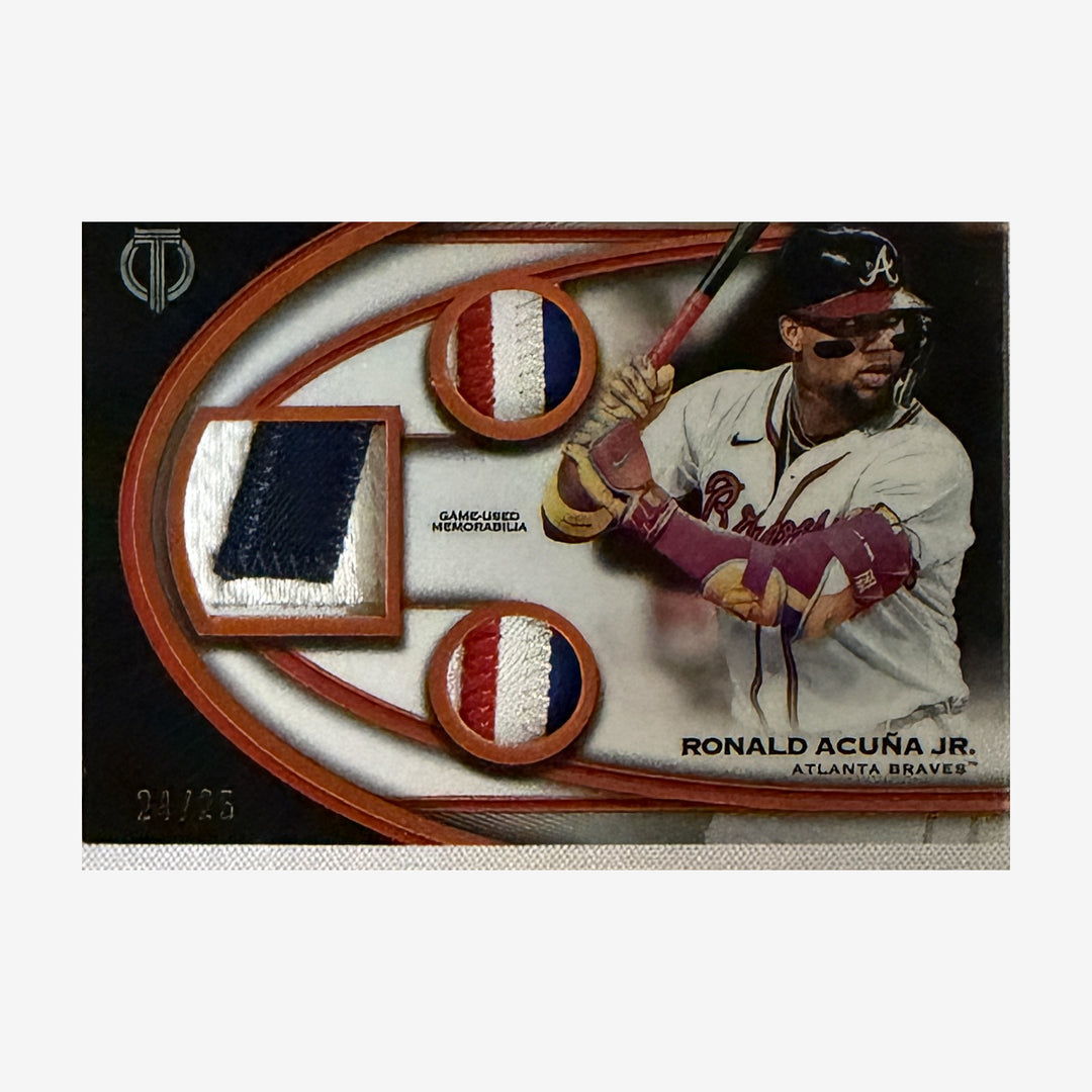 2026 Topps Tribute Ronald Acuña Jr. Tribute Triple Relics #TTR-RA /25 — front showing relic and patch detail