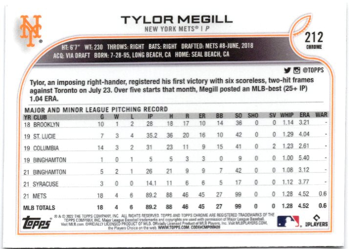 2022 Topps Chrome Sonic Tylor Megill Rookie #212 Prism Refractor back scan