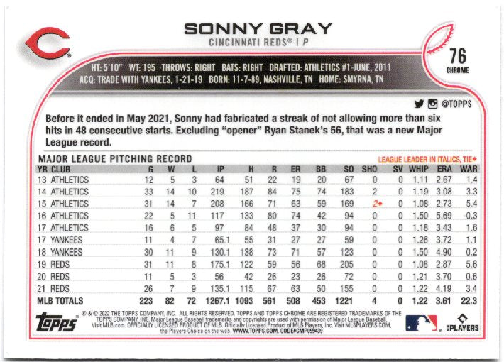 2022 Topps Chrome Sonic Sonny Gray #76 Black & White RayWave Refractor back scan