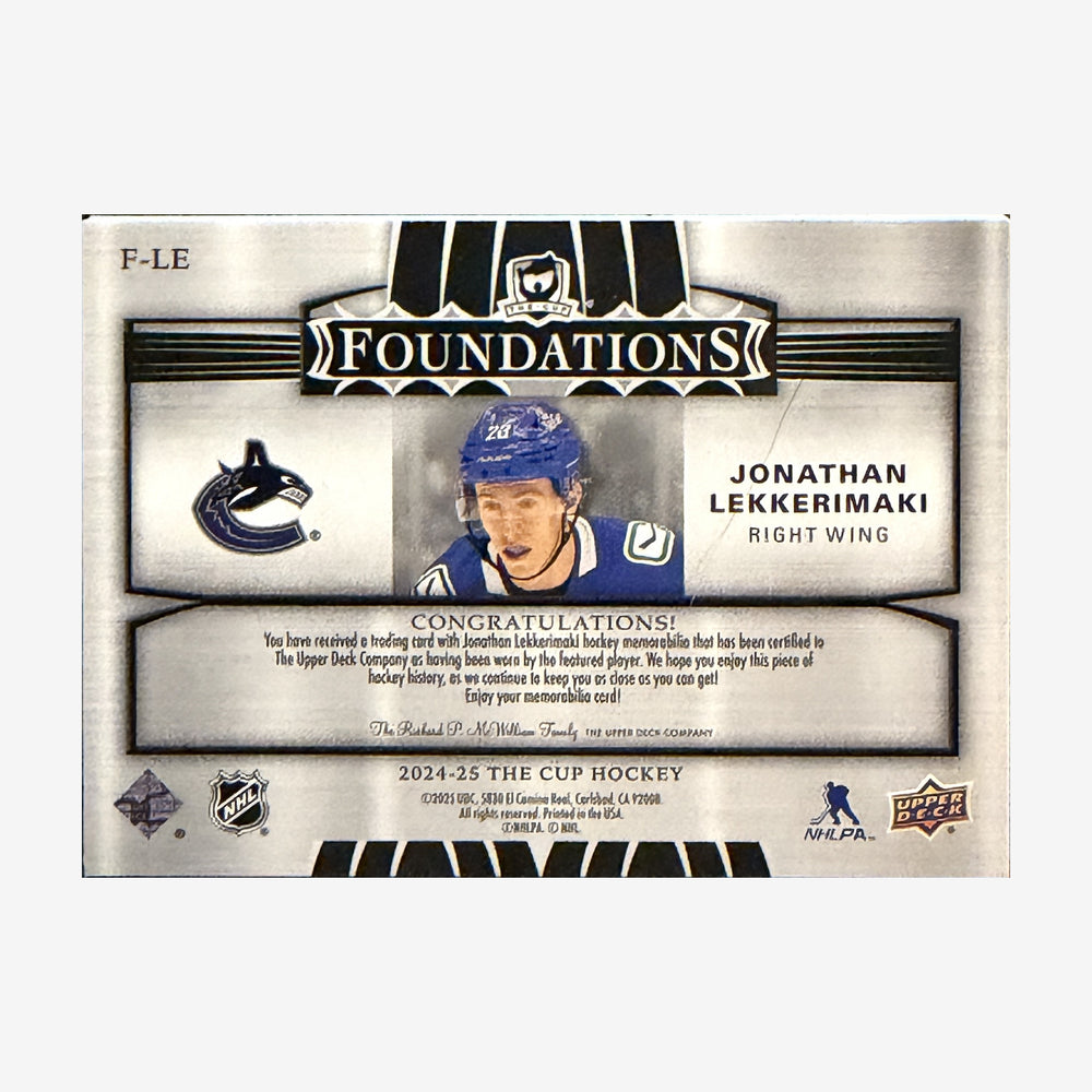 2024-25 Upper Deck The Cup Jonathan Lekkerimaki Foundations Quad Patch /10 — back of card
