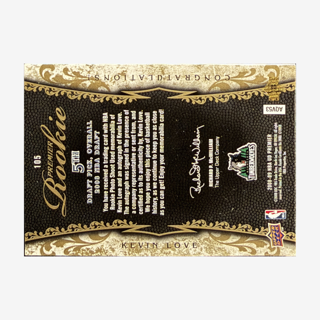 2008-09 Upper Deck Premier Kevin Love Rookie Autograph Quad Relic /75 — back of card