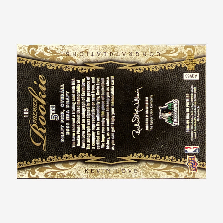 2008-09 Upper Deck Premier Kevin Love Rookie Autograph Quad Relic /75 — back of card