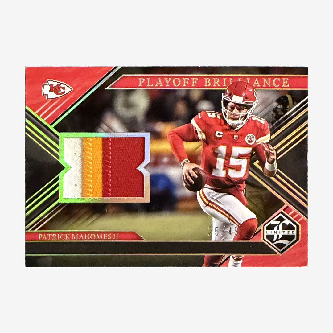 2022 Panini Limited Patrick Mahomes II Playoff Brilliance Three-Color Patch /49 — front of card