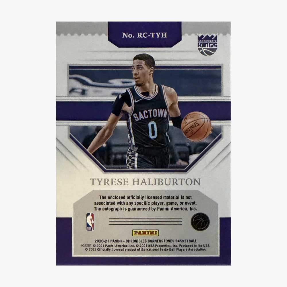 2020-21 Panini Chronicles Cornerstones Tyrese Haliburton Rookie Quad Relic Autograph — back of card