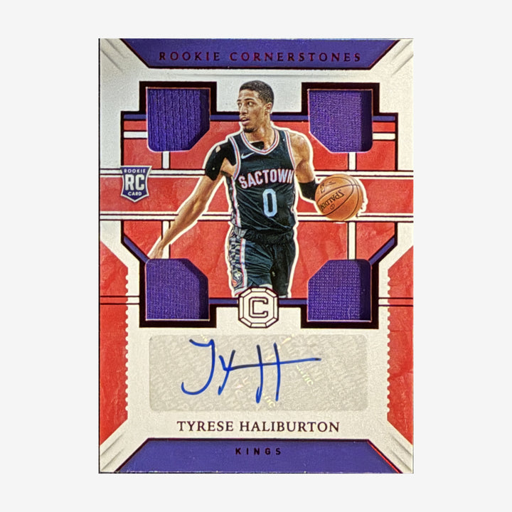 2020-21 Panini Chronicles Cornerstones Tyrese Haliburton Rookie Quad Relic Autograph — front of card