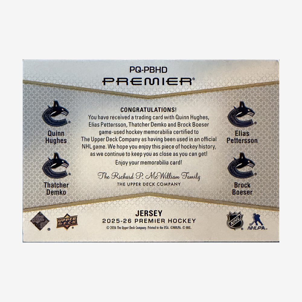 2025-26 Upper Deck Premier Vancouver Canucks Quad Patch /25 — back of card