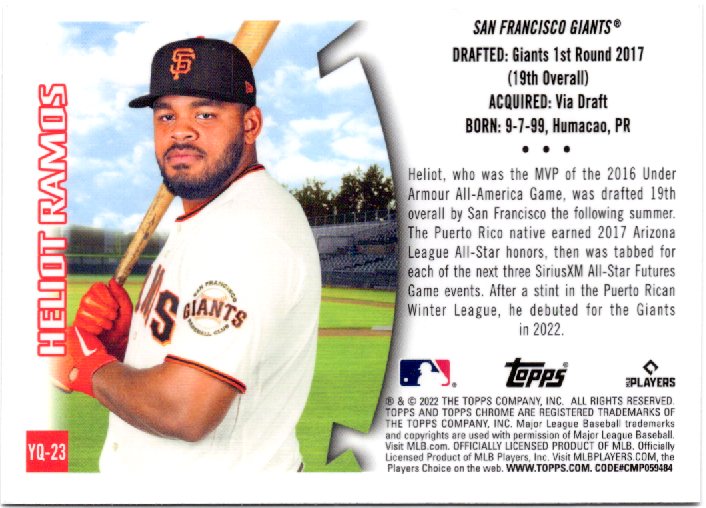 2022 Topps Chrome Sonic Heliot Ramos Rookie #YQ-23 1996 Youthquake Insert back scan