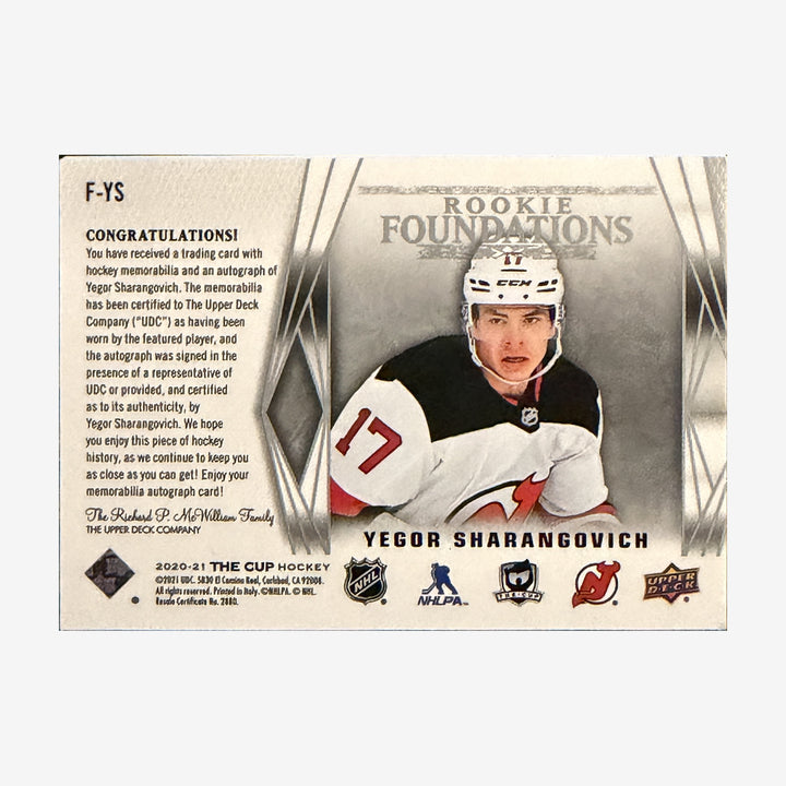 2020-21 Upper Deck The Cup Yegor Sharangovich Rookie Foundations Quad Jersey Auto /15 — back of card