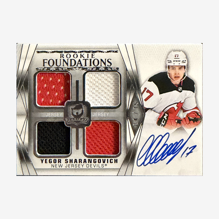 2020-21 Upper Deck The Cup Yegor Sharangovich Rookie Foundations Quad Jersey Auto /15 — front of card